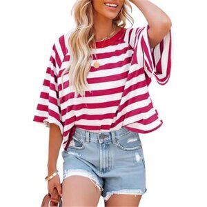 Striped Color Block Top Red and White With Red Neck Casual Tee